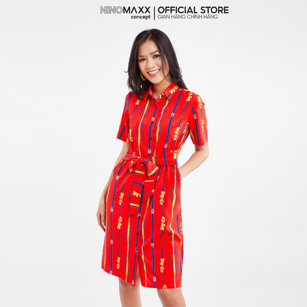 [CÒN SIZE S] Đầm Nữ Cổ Sơ Mi Thắt Eo In Hoạ Tiết Chất Liệu Poly N&M Thương Hiệu NINOMAXX 2009015