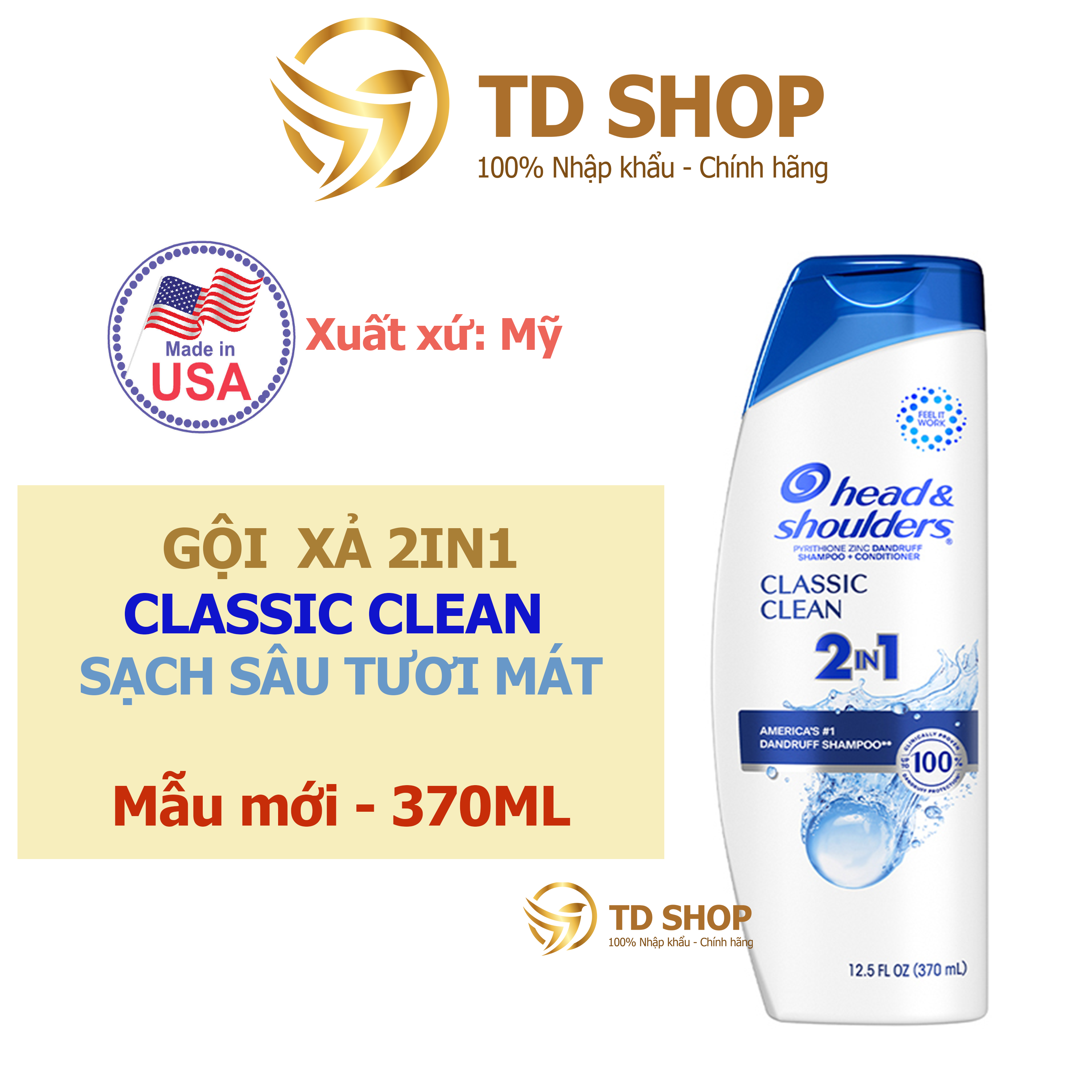 Dầu gội và xả 2in1 head&shoulders 370ml nhập mỹ classic clean i hạnh nhân i smooth&silky - td shop
