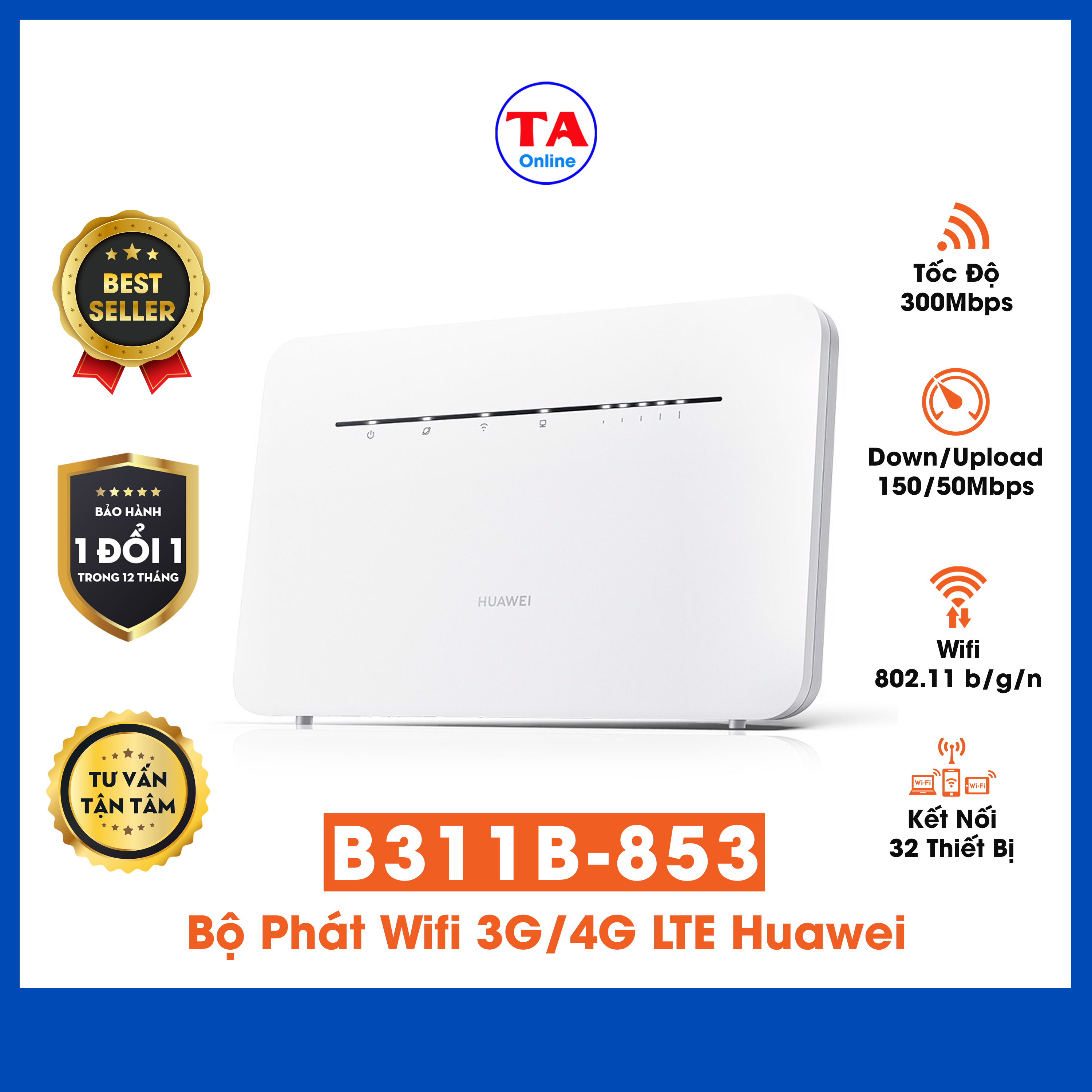 Bộ Phát Wifi 3G/4G LTE Huawei B311 Tốc Độ 4G 150Mbps Hỗ Trợ 32 User 1 WAN/LAN Và 3 LAN Gigabit