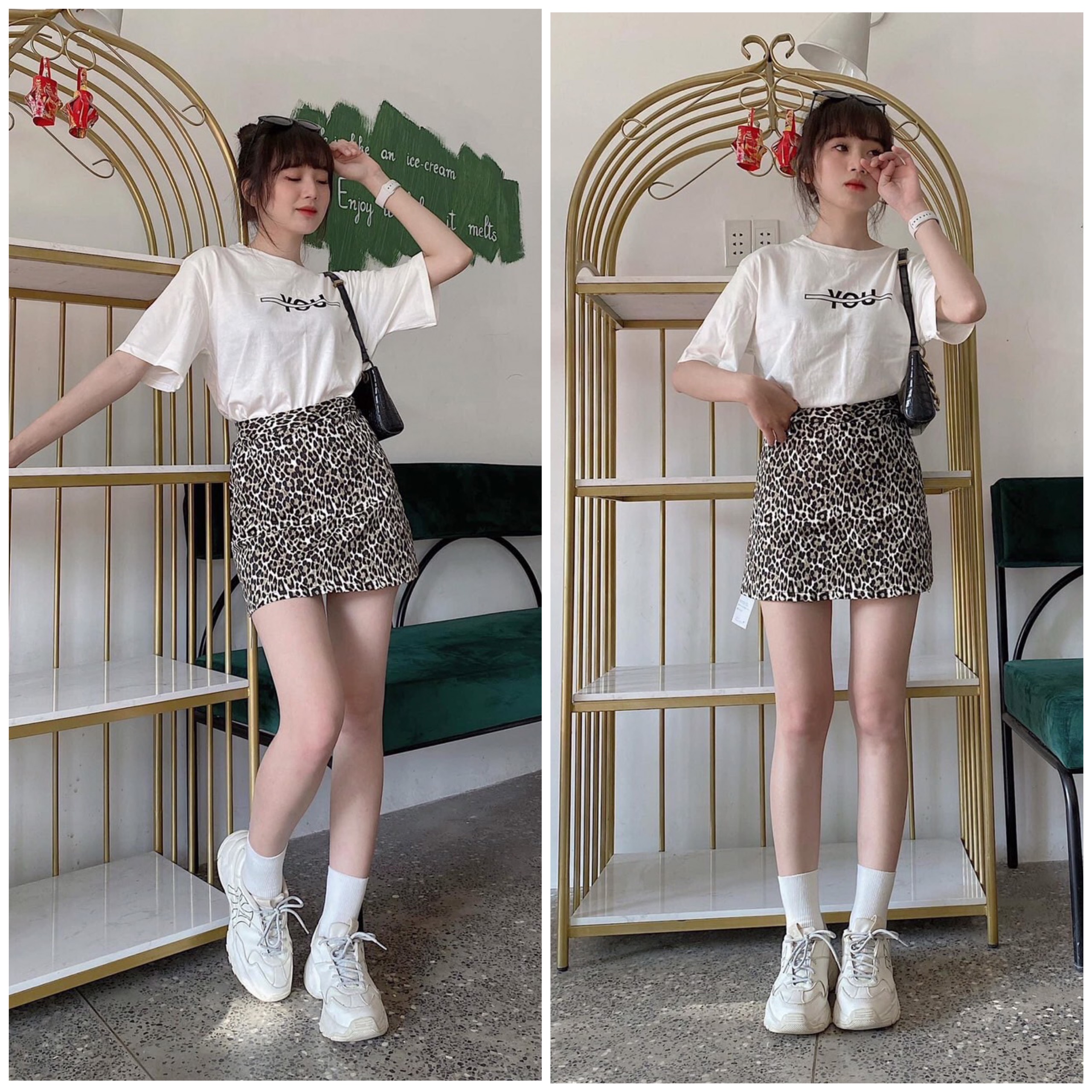 Set áo thun cotton chân váy da beo , Áo phông chữ You mix chân váy ngắn AD100