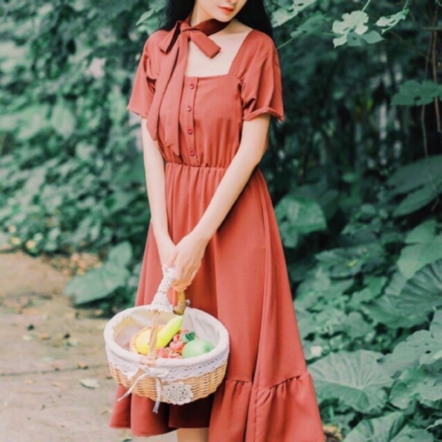 [HCM]Đầm cam form dài (kèm hình thật) - Đầm nữ dự tiệc dạo phố dễ thương