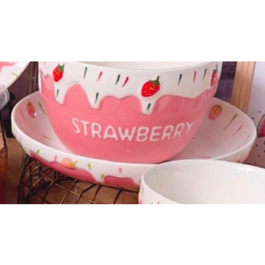 Bộ bát đĩa gốm sứ decor, Sét bát đĩa Dâu hồng Strawberry siêu xinh, Bát ăn cơm, Chén dĩa dễ thương