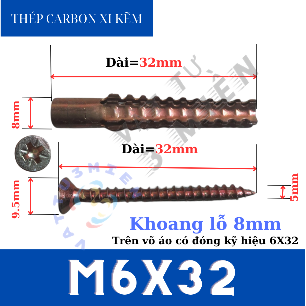 Hộp 50 bộ vít nở sắt răng cưa xi kẽm ( tắc kê nở sắt / Vít nở đóng tường )