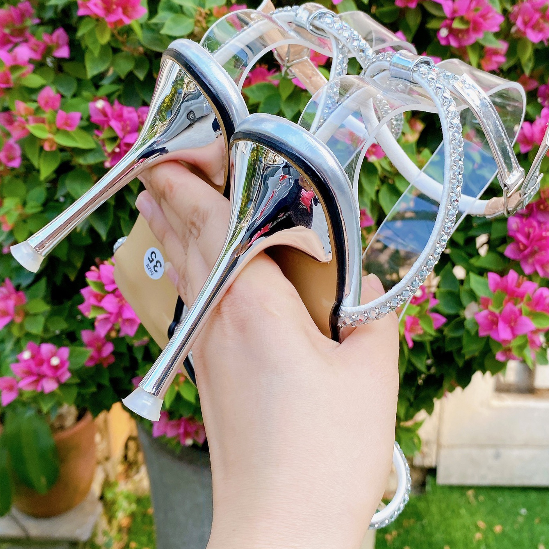 Giày cao gót nữ sandal dây đá mũi vuông 9 phân (BẠC)