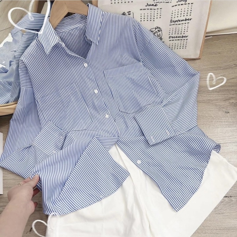 set áo sơ mi sọc kèm quần short có size (tặng kèm áo dây đen)