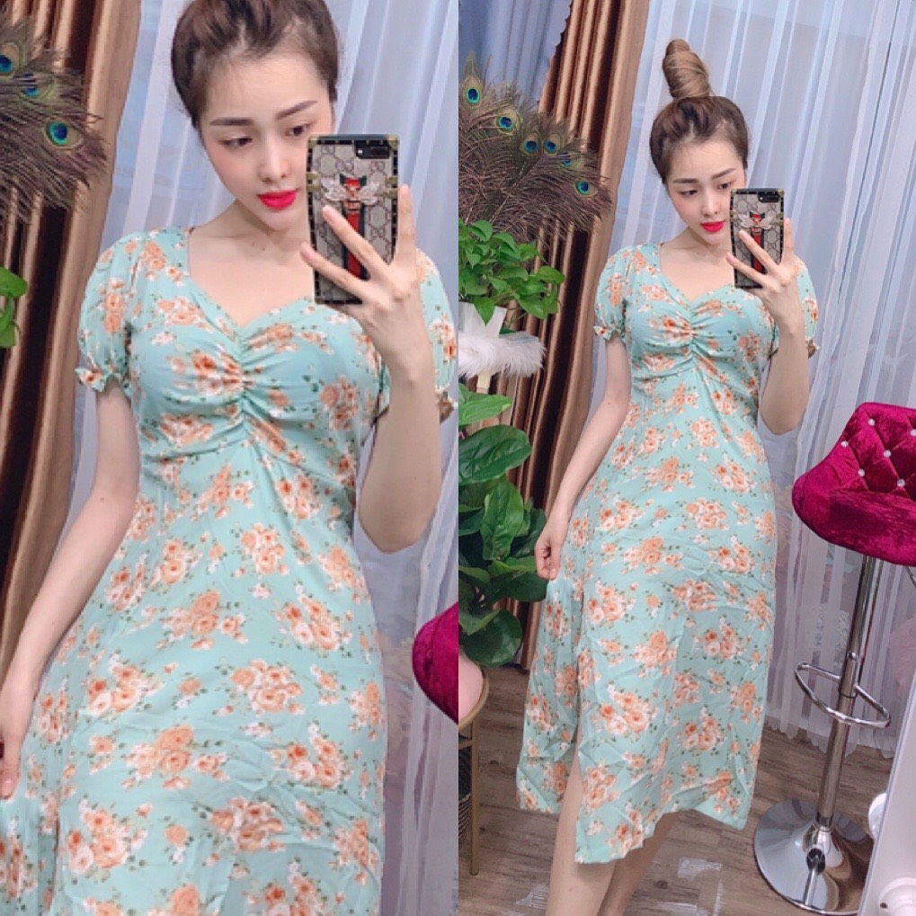 Đầm lụa hoa nhí xẻ tà thanh lịch có size 40-65kg - mt19