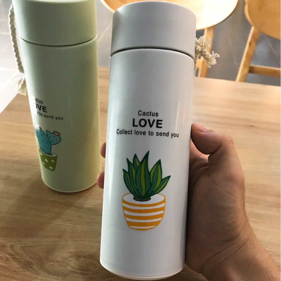 Bình nước giữ nhiệt in hình xương rồng lõi thuỷ tinh 400ml
