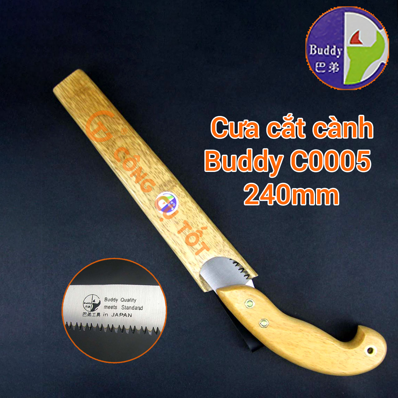 Cưa cắt cành cầm tay Buddy C0005 240mm bao đeo bằng gỗ lưỡi thép nhật SK4