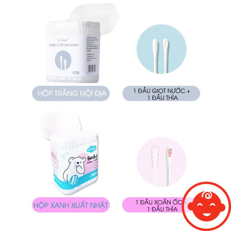 Tăm Bông Cho Bé Sơ Sinh Vcool (Hộp 200 Que)