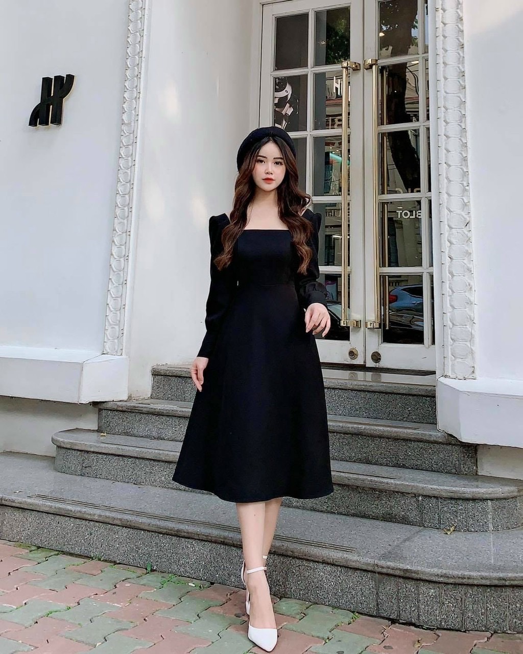 Đầm cổ vuông tay dài 4 màu