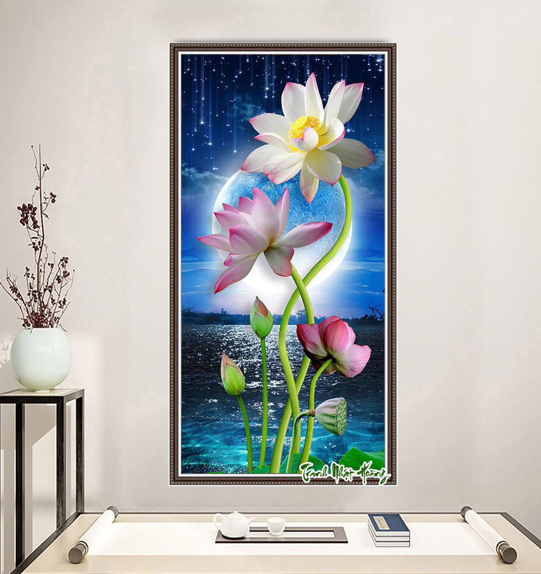 Tranh 3D hoa sen thư pháp dán tường