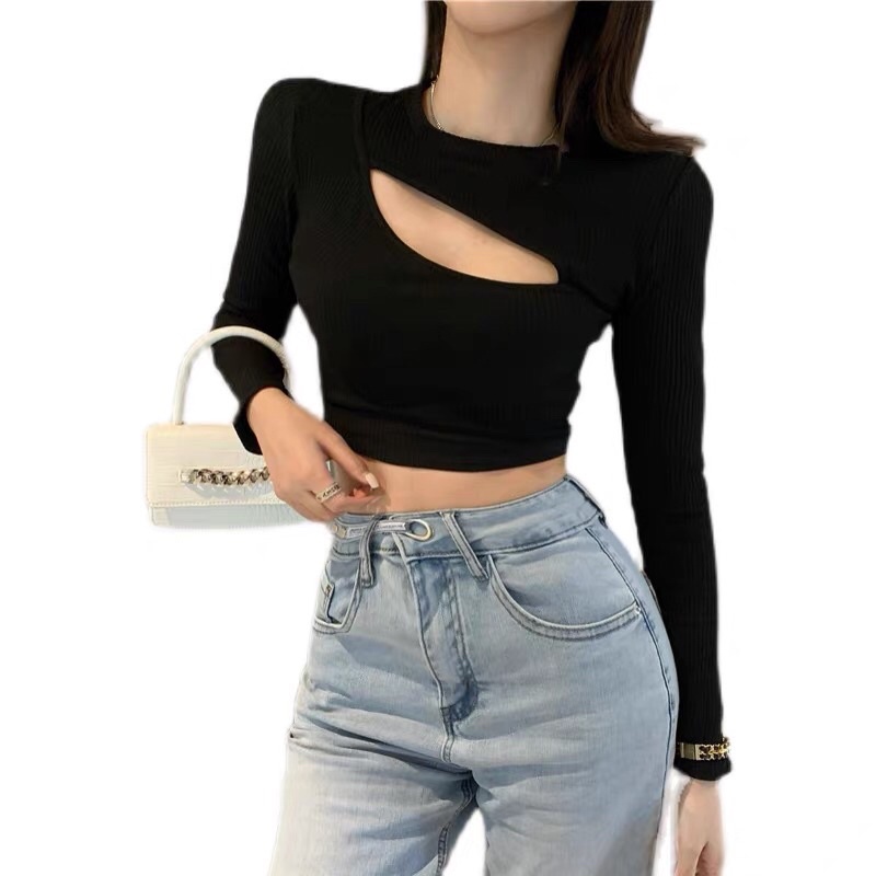 Áo thun tay dài croptop phối kiểu xẻ ngực
