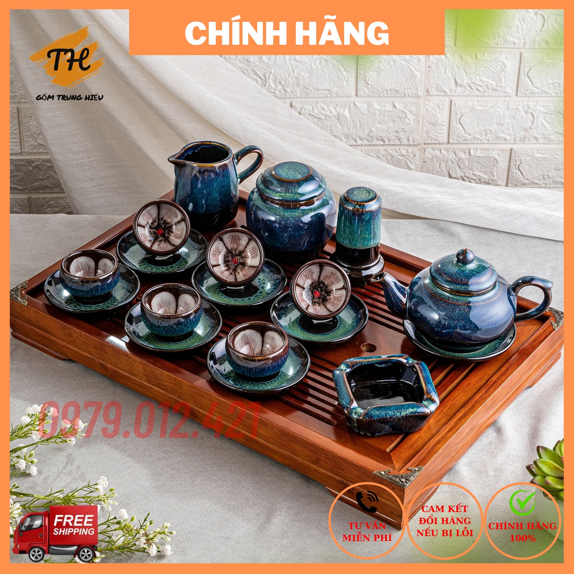 Bộ ấm chén Bát Tràng men hoả biến màu xanh dáng chóp ấm trà cao cấp loại 1 Bát Tràng dung tích ấm 450ml