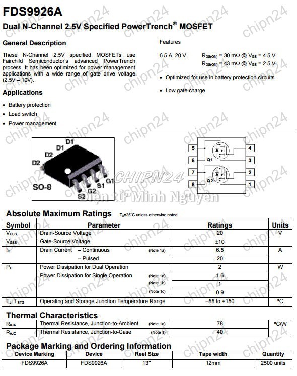 [5 con] (SOP) Mosfet Dán 9926A SOP-8 6.5A 20V Kênh N (9926) - HH001933
