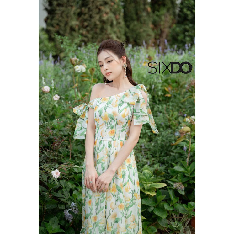 Đầm midi hoa voan lệch vai phối nơ thời trang SIXDO-Z