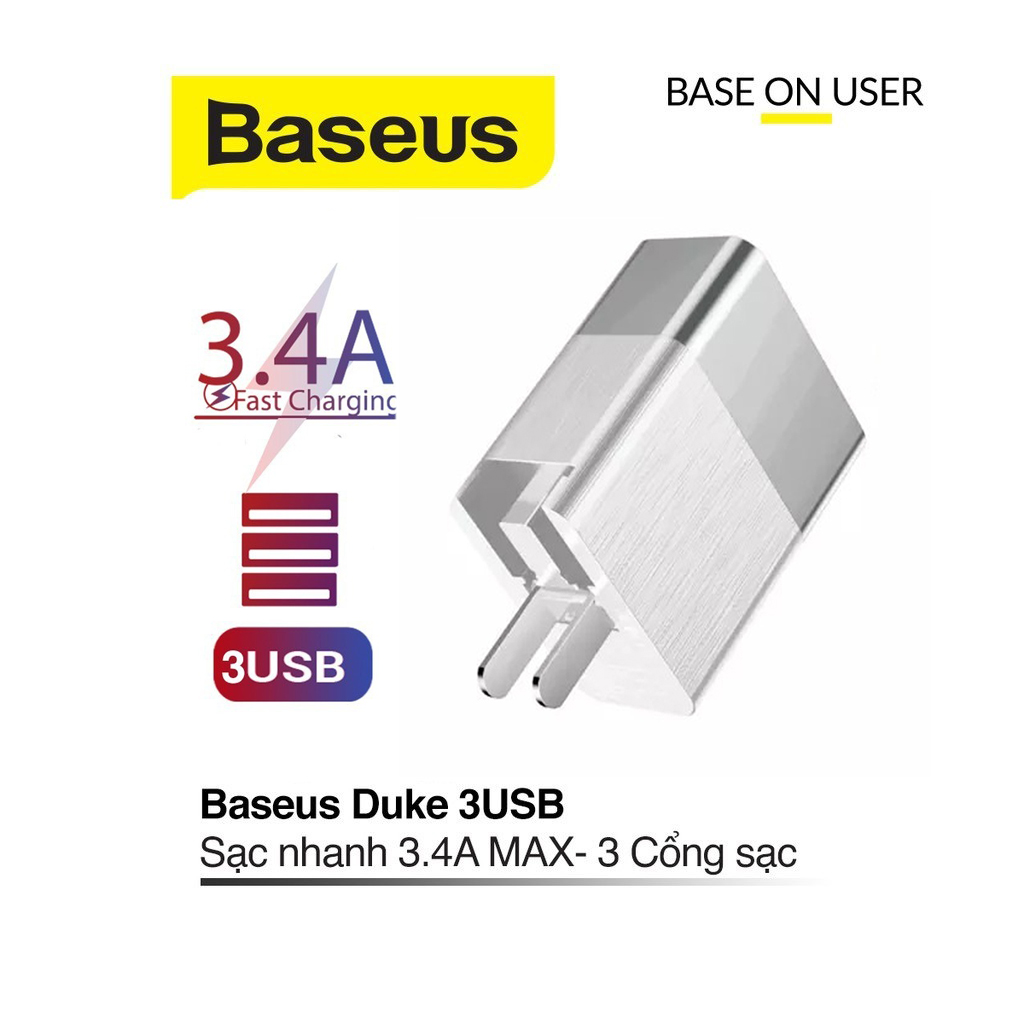 Cốc sạc 3.4A Baseus Duke chuôi dẹt PC cao cấp 3 cổng Usb tương thích với mọi loại thiết bị