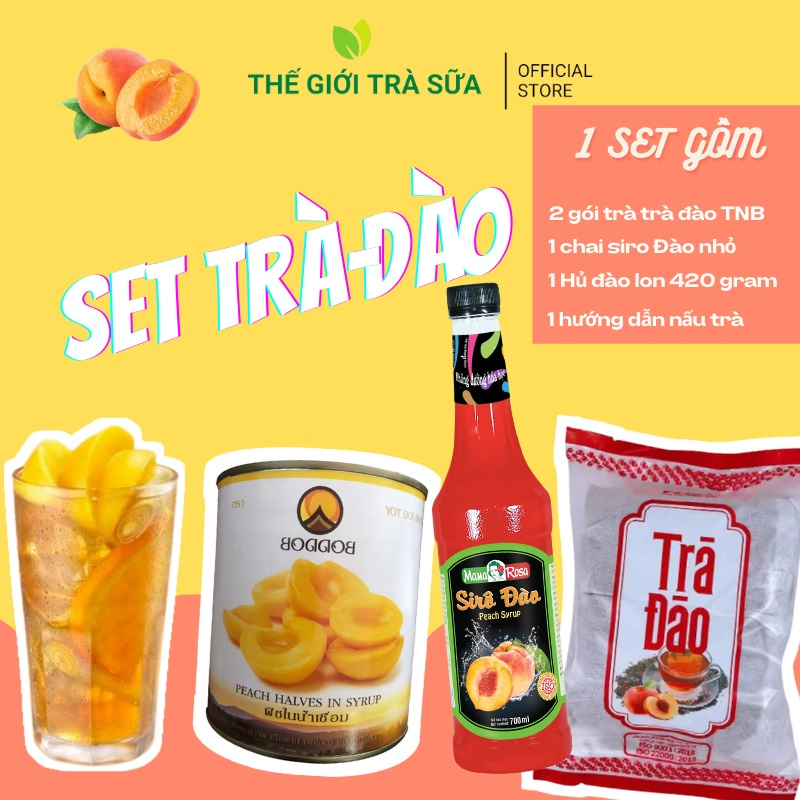 Set combo pha trà đào siêu ngon pha trà sữa - 1 set gồm ( 1 lon đào 420 g và 2 gói trà đào ) pha được 8 ly