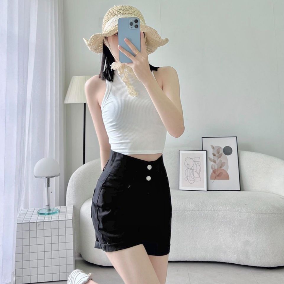 Quần short nữ kaki đen trắng lưng cao dáng chữ a