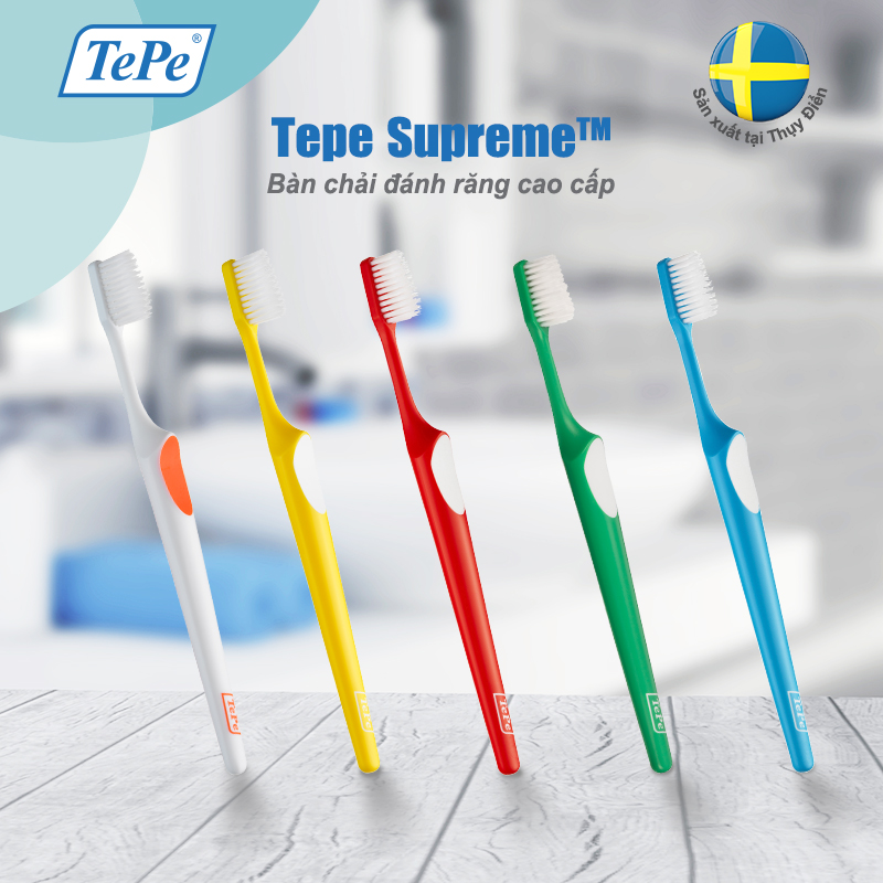 Bàn Chải Đánh Răng Mềm Tepe Supreme (1 Cây) - Lông Dài Ngắn Xen Kẽ, Làm Sạch Kẽ Răng, Bảo Vệ Nướu - Nhập Khẩu Thuỵ Điển
