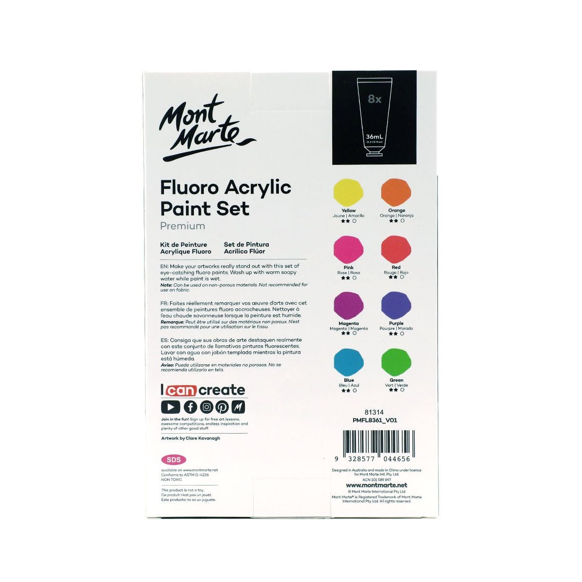[DA ĐEN] Màu Acrylic Neon Bộ 8 Màu 36ml Mont Marte