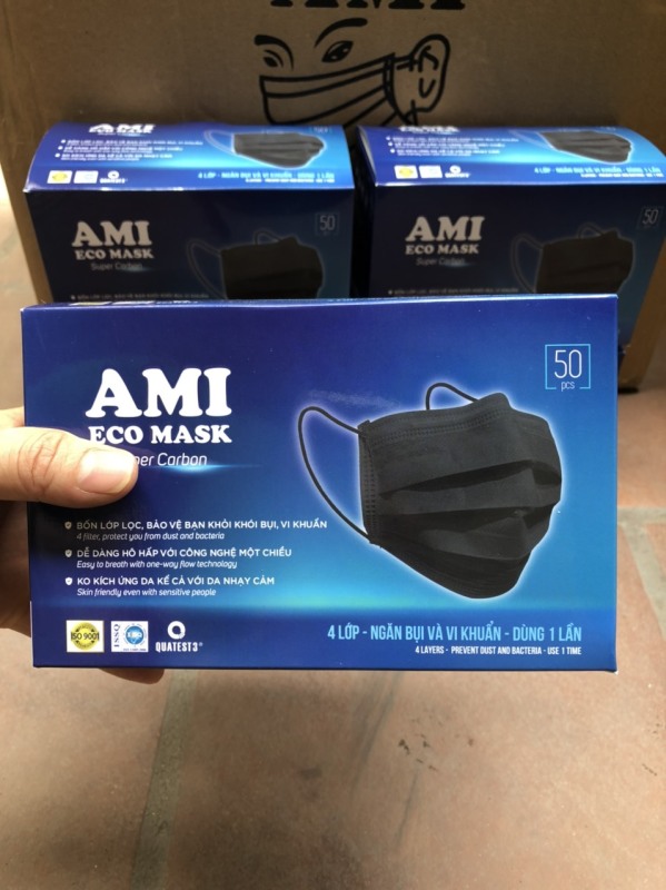 [1 hộp 50 chiếc ] Khẩu trang y tế AMI 4 lớp than hoạt tính kháng khuẩn ngừa dịch chống thấm nước lọc bụi cao cấp