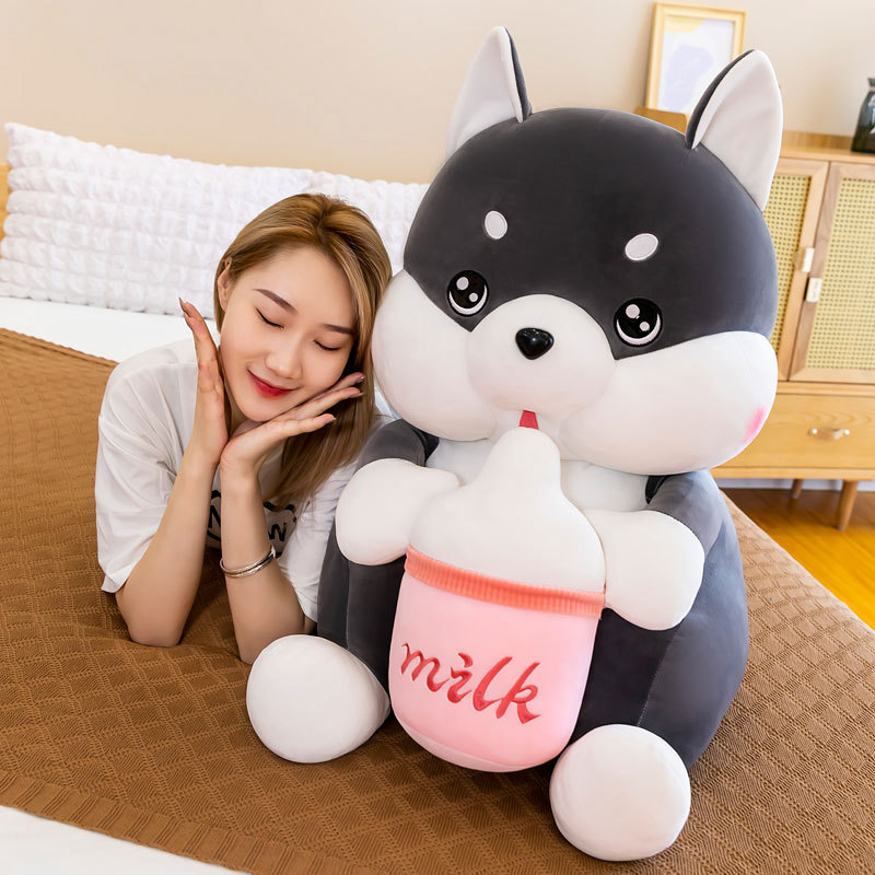 Gấu bông chó husky ôm bình sữa Thú nhồi bồng chó ôm bình sữa siêu cute đủ size