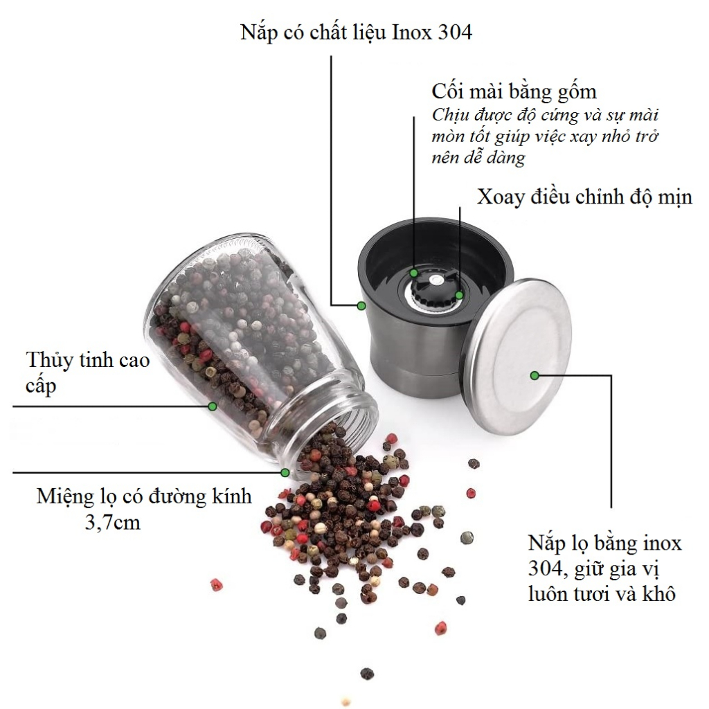 Lọ Xay Tiêu Thủy Tinh Dụng Cụ Xay Tiêu Mini