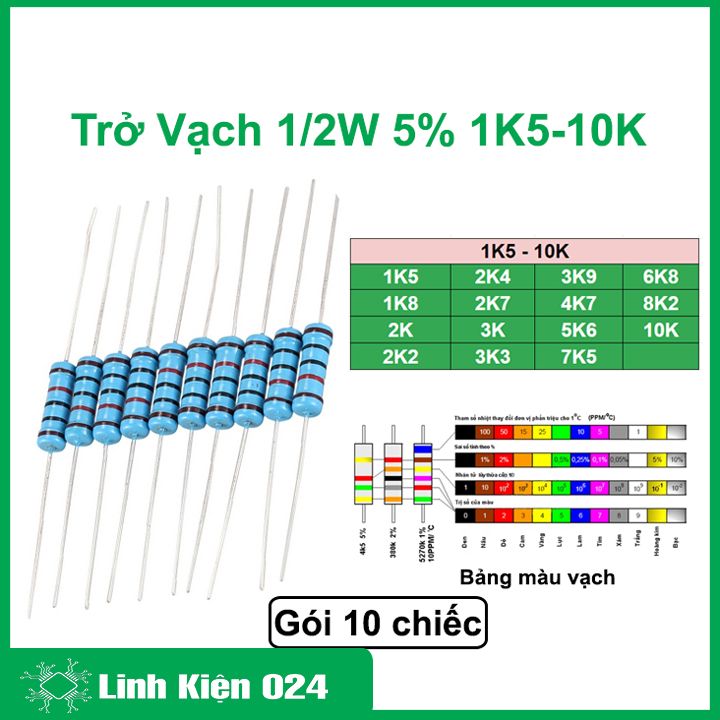 Trở vạch 1/2w 5% chân cắm giá trị từ 1k5 - 10k