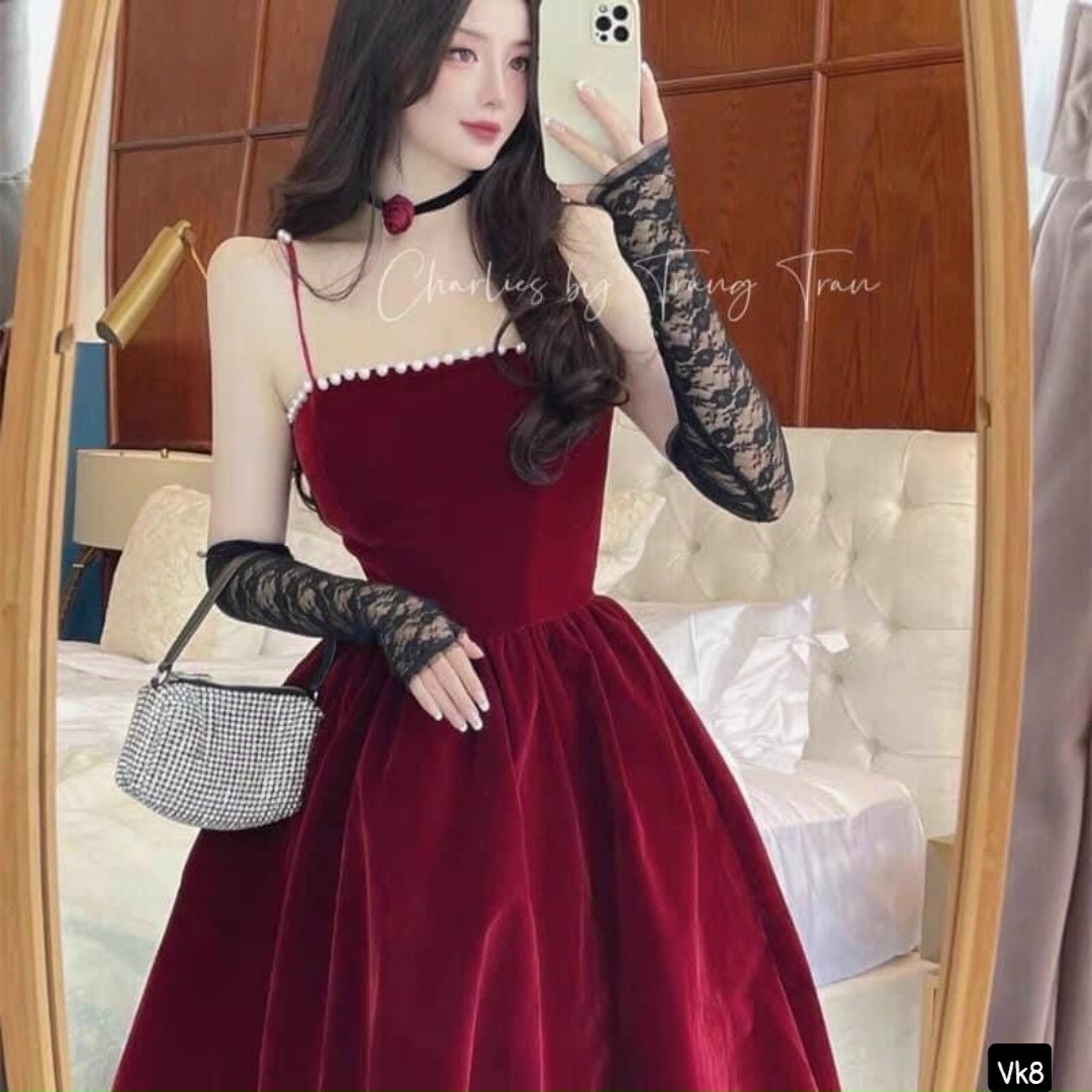 Đầm xòe đính cườm nhung xinh lung linh ld22