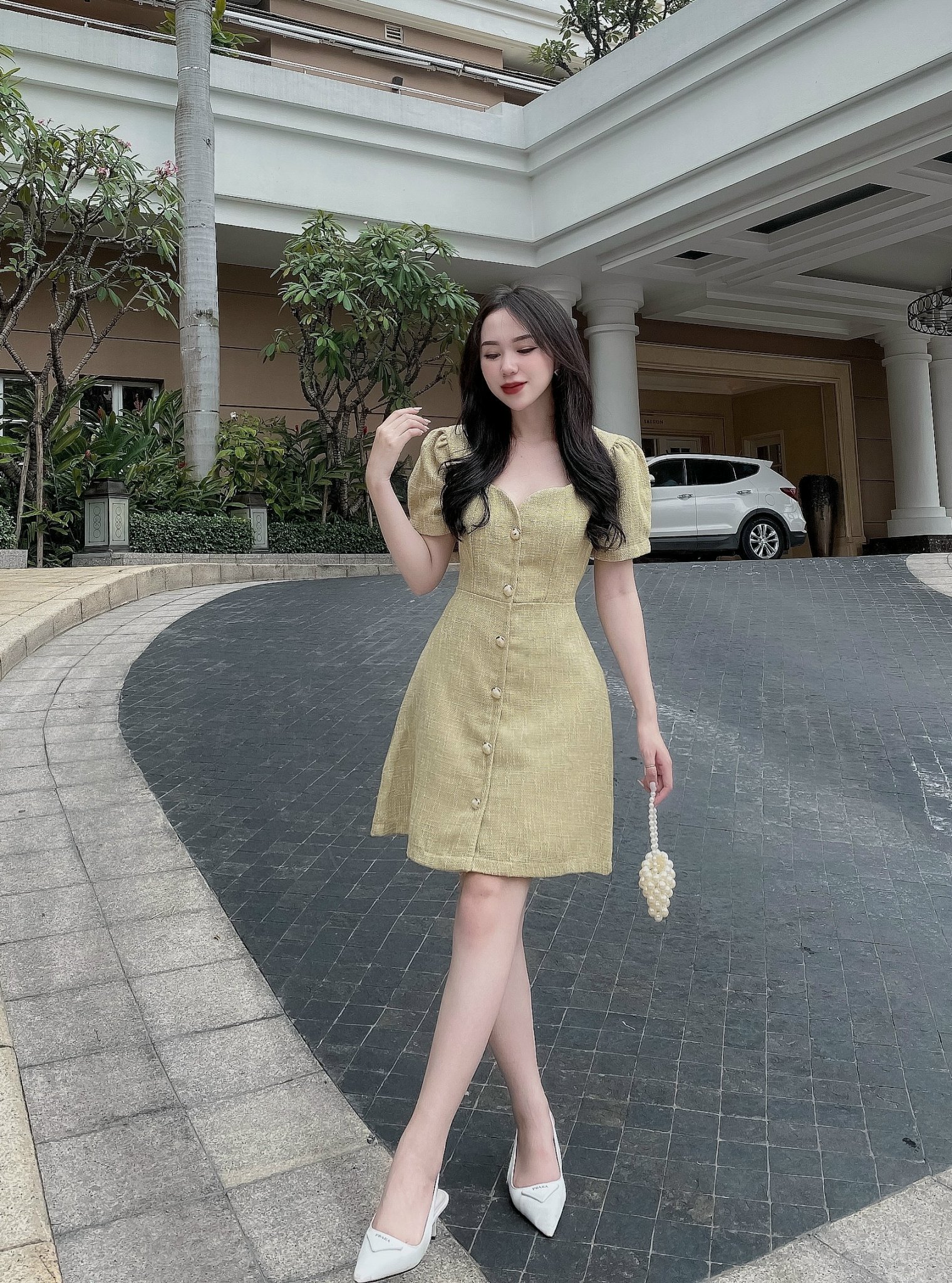 Đầm bố nút vàng DB19 siêu sanh chảnh