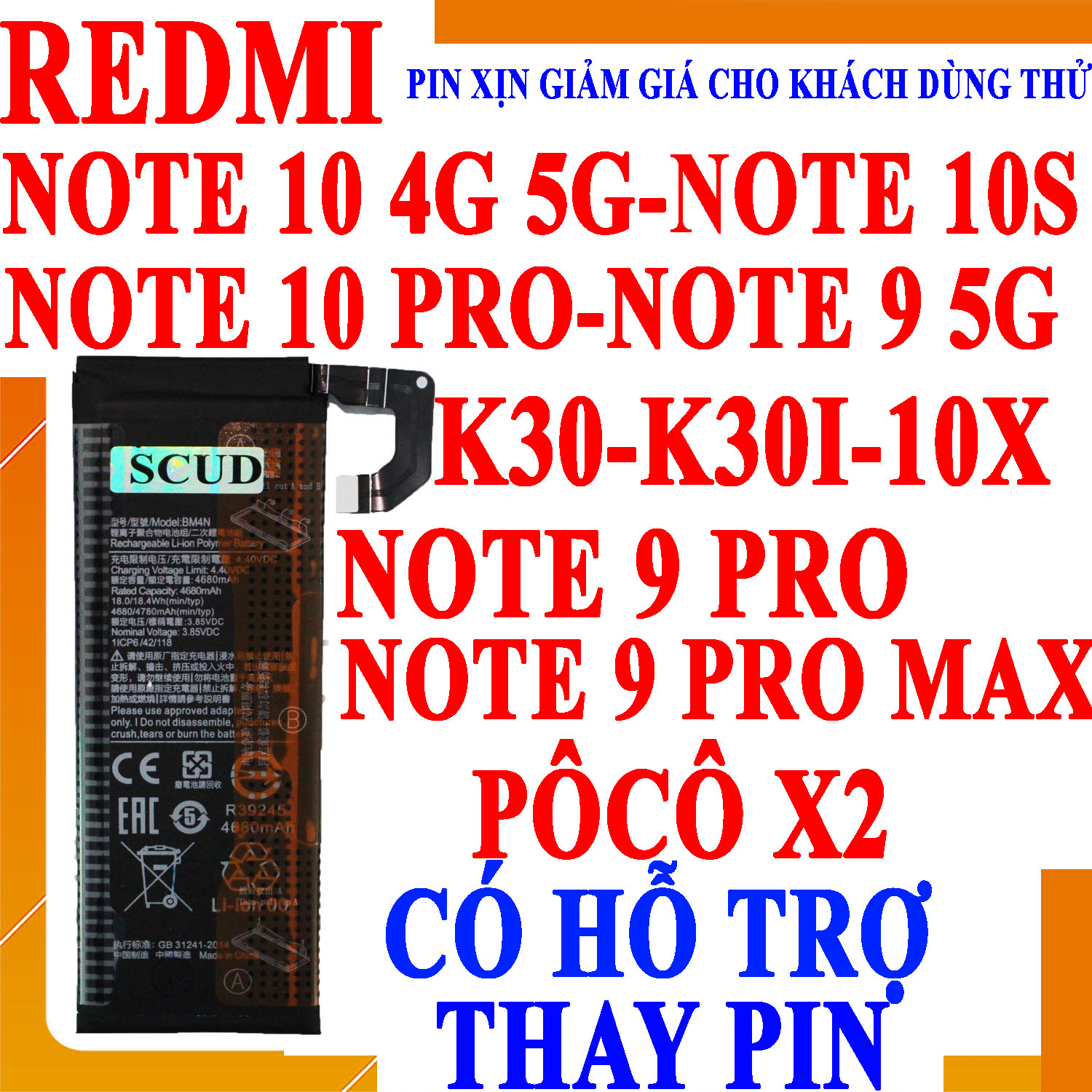 Pin Scud cho Xiaomi Redmi Note 9 Pro Max, Redmi Note 10S, Redmi Note 10 Pro, Redmi Note 11E, Redmi Note 11S, Redmi Note 12
