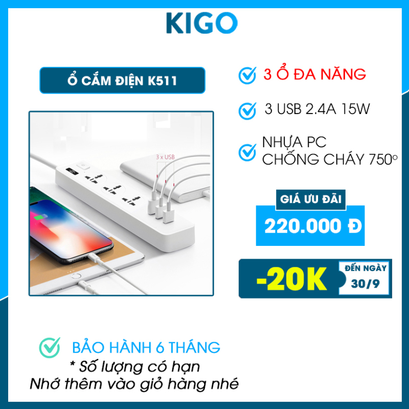 Ổ cắm điện đa năng thông minh Kigo 3 cổng USB 5v sạc nhanh, ổ chịu tải 2500W, tiết kiệm 30 kilowatt giờ dây nối 1,8m K511