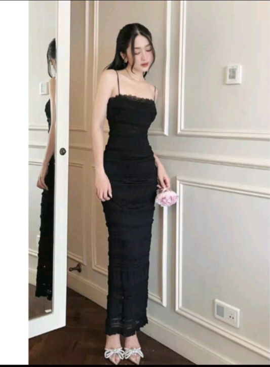 Đầm ôm body hai dây xốp 2 lớp phối ren dáng dài siêu xinh