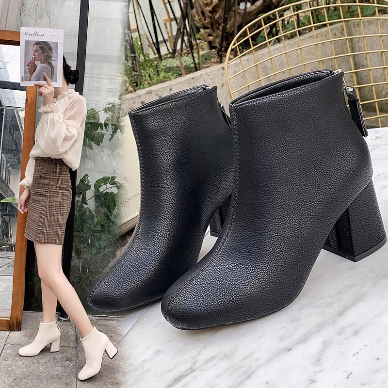 Bốt Nữ hàn quốc lót lông khóa sau 2 Màu Đen/Kem