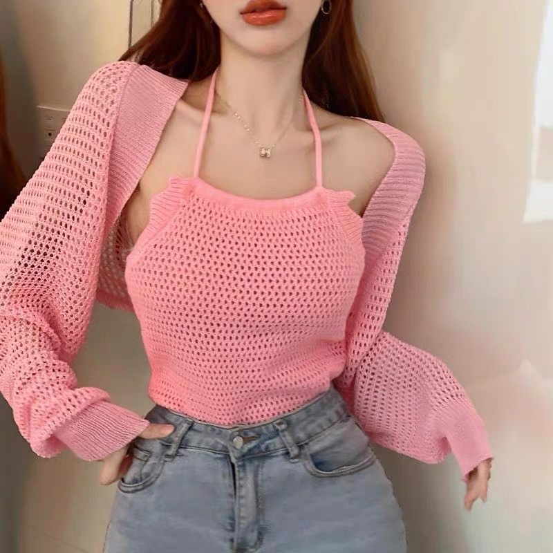 set len dệt kim - len lưới kiểu yếm & choàng lửng (1580#)