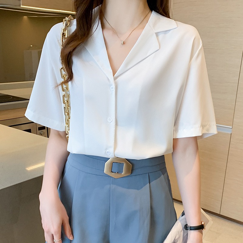 Áo sơ mi nữ ngắn tay phối cổ vest thời trang phong cách hàn quốc hot 2023