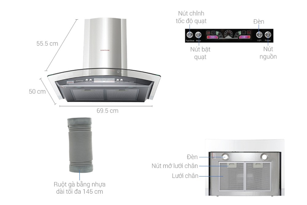 Máy Hút Mùi Kính Cong SUNHOUSE SHB6626