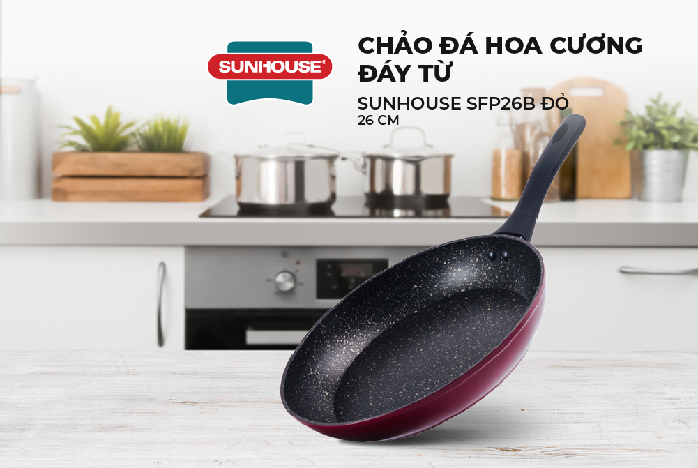 Chảo đá hoa cương SUNHOUSE chống dính đáy từ 26cm SFP26B màu đỏ