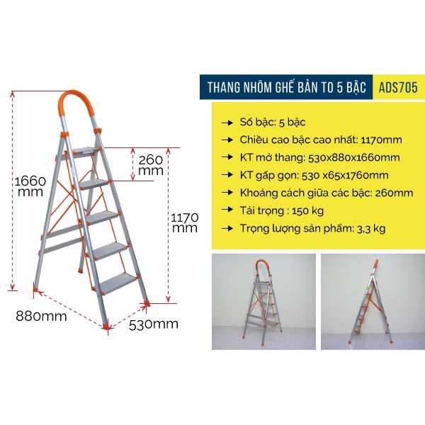 5 bậcThang tay vịn màu cam ADVINDEQ ADS-705HÀNG CHÍNH HÃNG BẢO HÀNH TEM