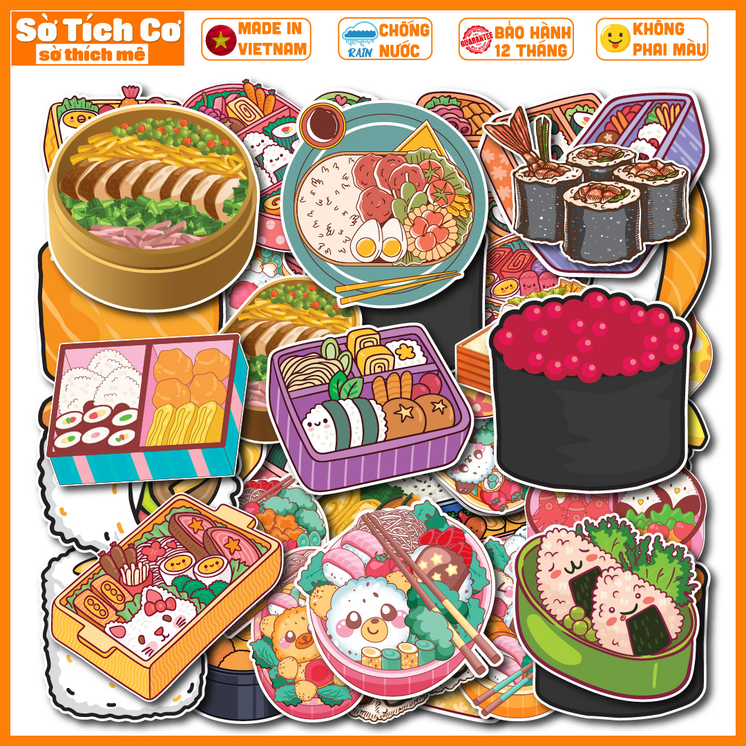 Bộ 50 Sticker Đồ ăn chống nước sticker dán laptop, điện thoại, đàn guitar, mũ bảo hiểm, vali. MSP: NS19