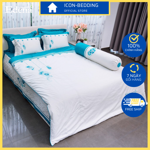 Trọn bộ chăn ga gối edena cotton solid 374 - màu xanh cổ vịt sang trọng, cao cấp - chính hãng by icon-bedding