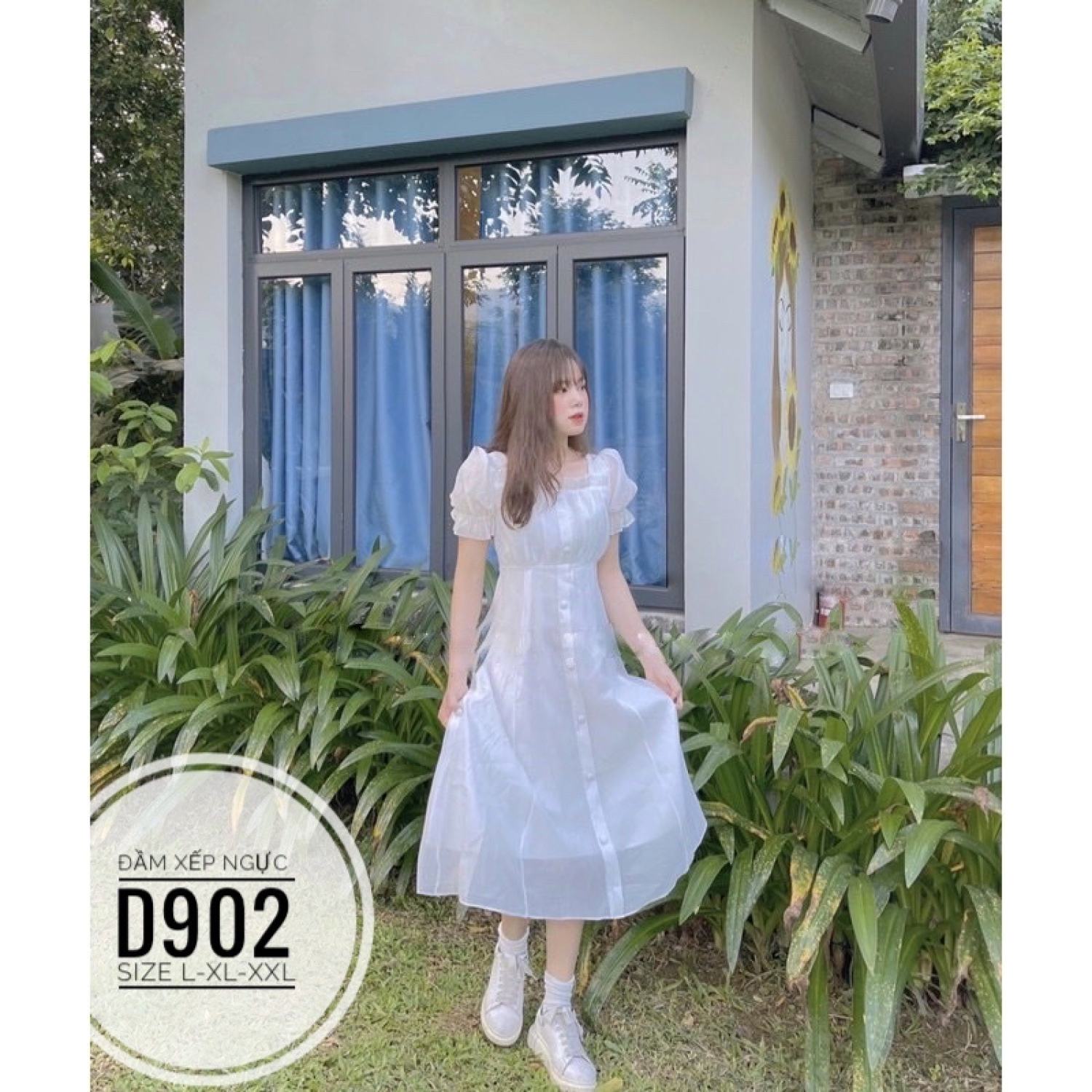 (60-90kg)BIGSIZE Đầm trắng xếp ngực D902