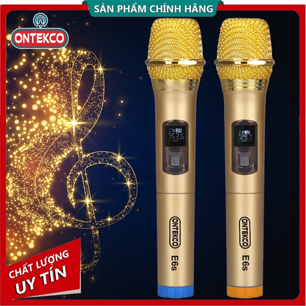 Bộ Micro Không dây karaoke ONTEKCO E6S Màu Gold, Micro Ontekco Chuyên dùng cho mọi loa kéo và amply, Micro hiển thị Màn hình Led - Bảo hành 12 Tháng