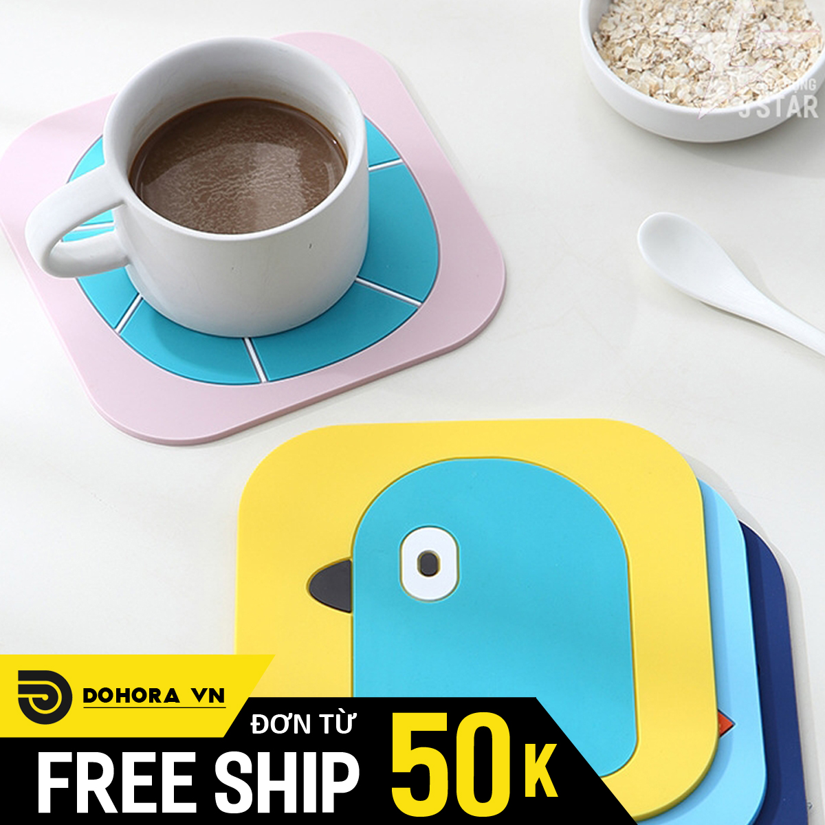 Miếng lót ly, tấm lót cốc chất liệu silicon tiện lợi, chống trượt, chống thấm nước, họa tiết cá, chim siêu cute