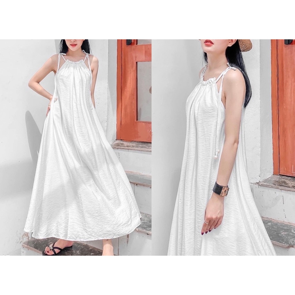Đầm Maxi Dáng Xòe Cổ Yếm Phối Cột  Nơ