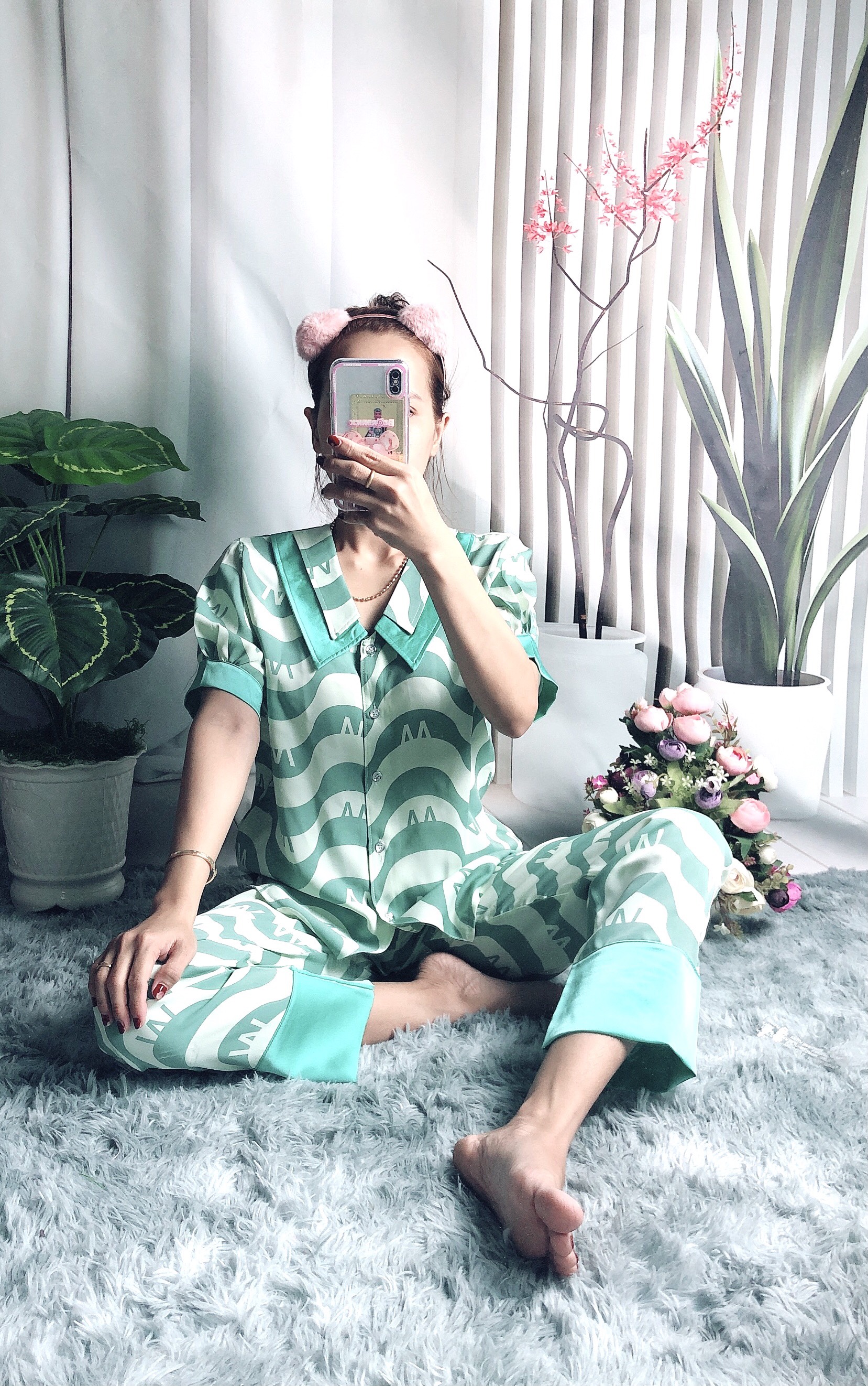 Đồ bộ ngủ Nữ pizama cổ phối vải lụa mango - Hình chụp thật