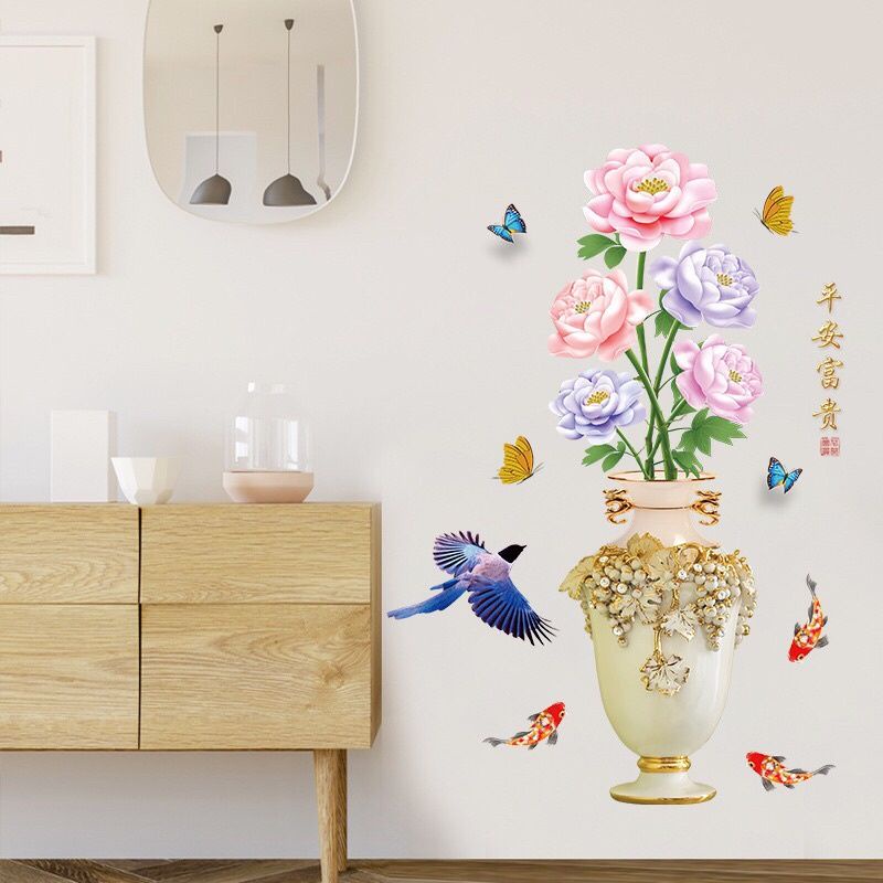 Decal dán tường bình hoa hồng 3D
