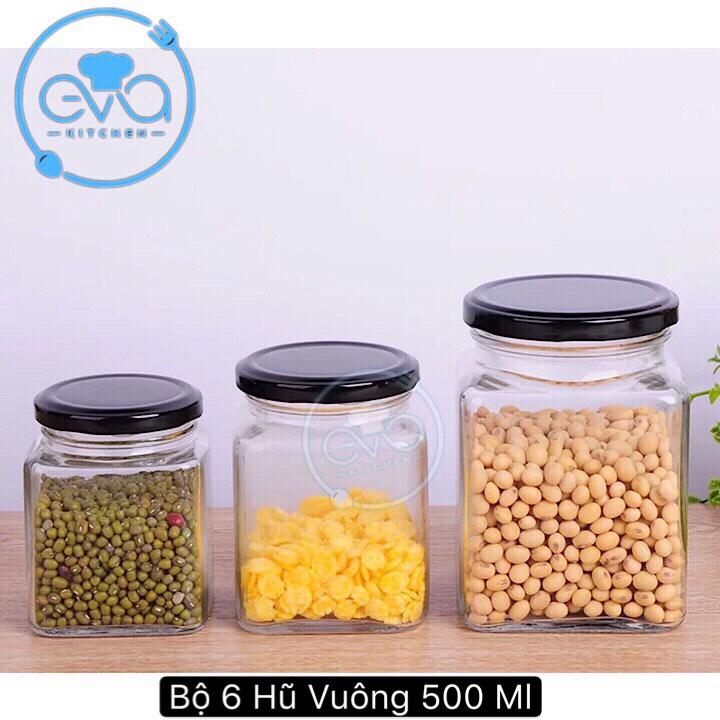 Bộ 6 Hũ Thủy Tinh Vuông Nắp Vặn Dung Tích 500 ML