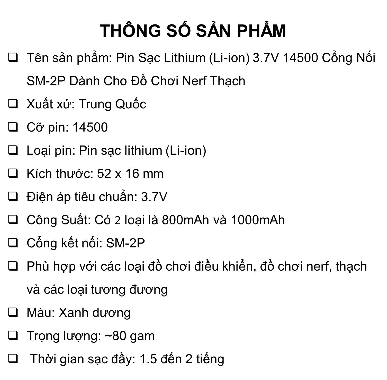 Pin Sạc Lithium 3.7V Cổng SM-2P 14500