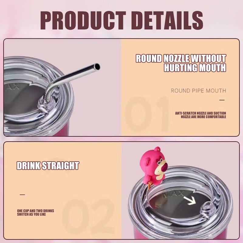 LY CỐC GIỮ NHIỆT HOẠ TIẾT GẤU DÂU LOSTO SIÊU XINH LÕI INOX 304 CHỐNG GỈ 450ML Tặng Ống Hút - Bình Nước Gấu Dâu 450ml
